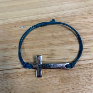 Stainless Steel Sideways Cross on Blue Leather Bracelete